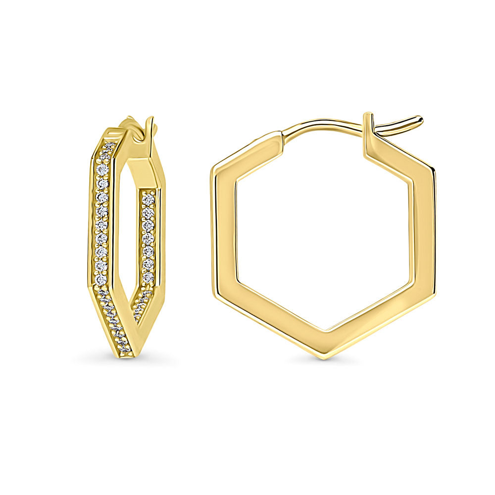 Hexagon CZ Medium Inside-Out Hoop Earrings in Sterling Silver 0.8"