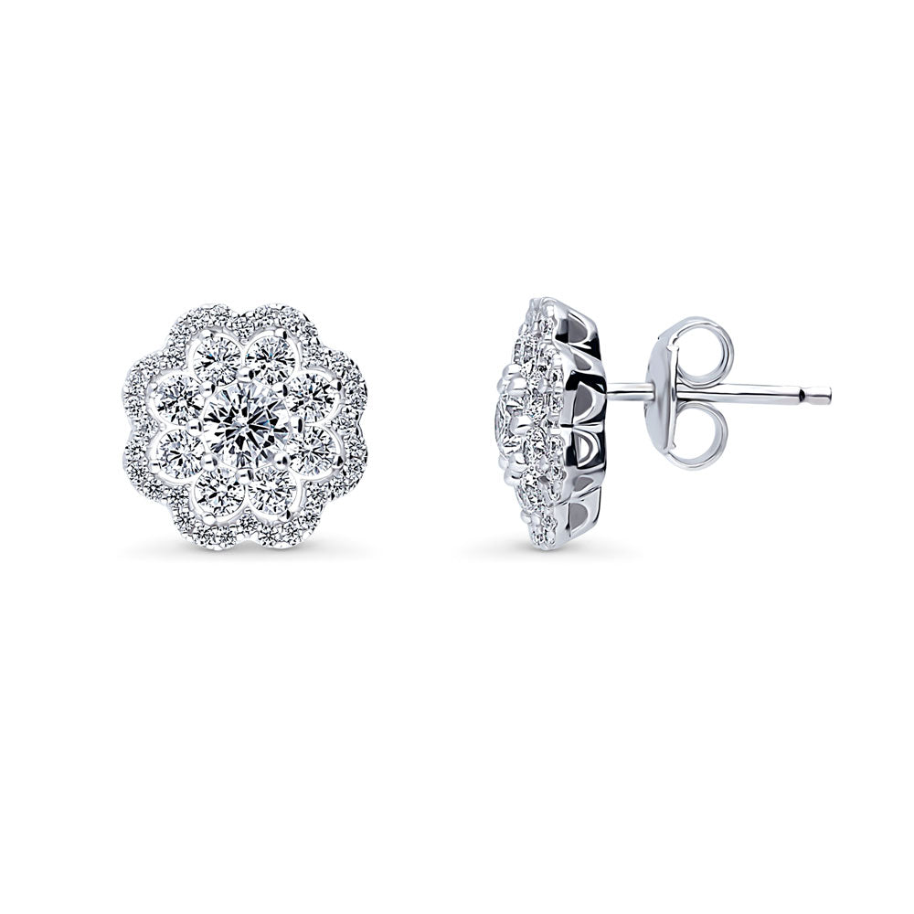 Flower Halo CZ Stud Earrings in Sterling Silver