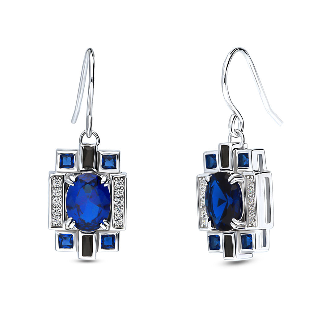 Art Deco Simulated Blue Sapphire CZ Dangle Earrings in Sterling Silver