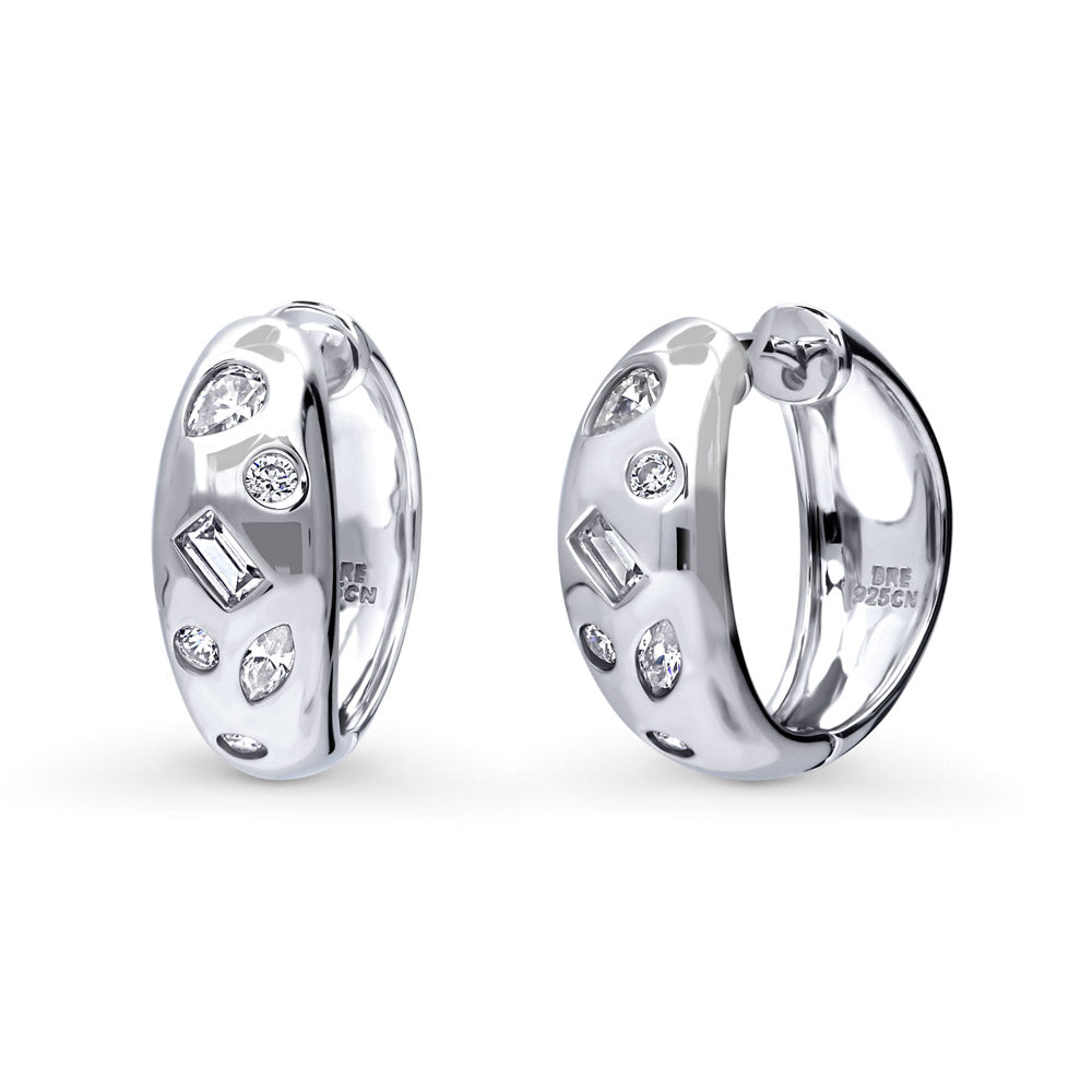 Dome CZ Medium Hoop Earrings in Sterling Silver 0.77"