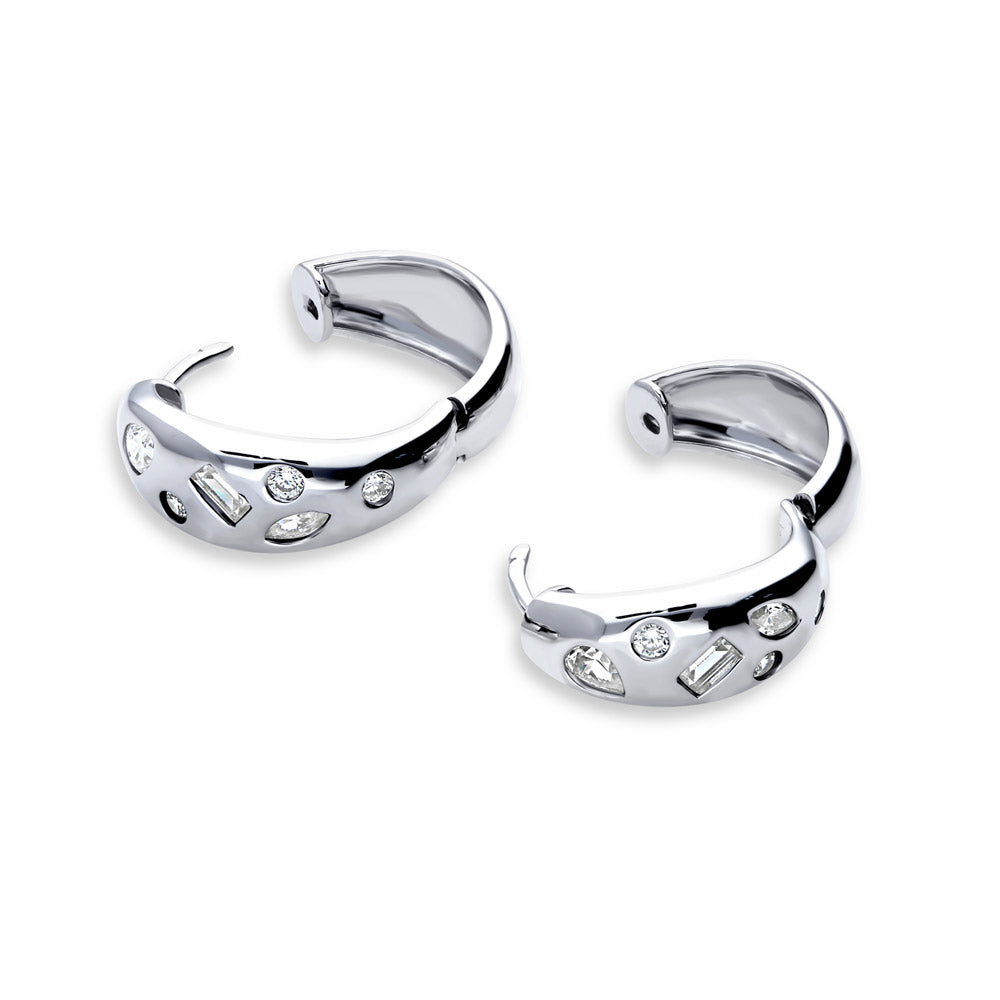 Dome CZ Medium Hoop Earrings in Sterling Silver 0.77"