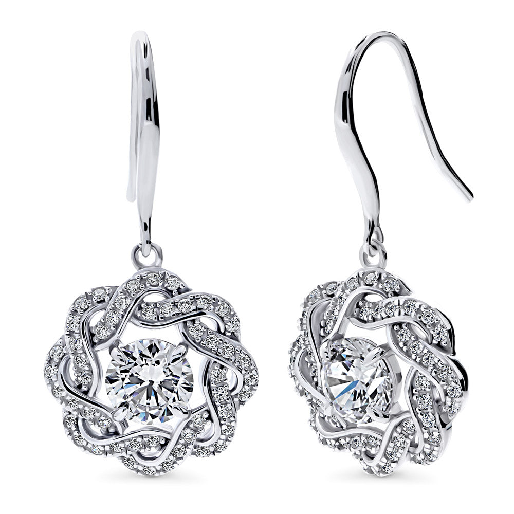 Flower Woven CZ Fish Hook Dangle Earrings in Sterling Silver