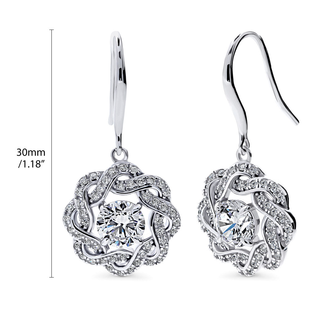 Flower Woven CZ Fish Hook Dangle Earrings in Sterling Silver