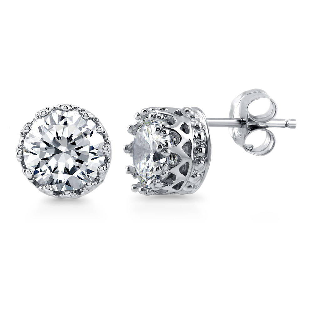 Solitaire 1.6ct Crown Set Round CZ Stud Earrings in Sterling Silver