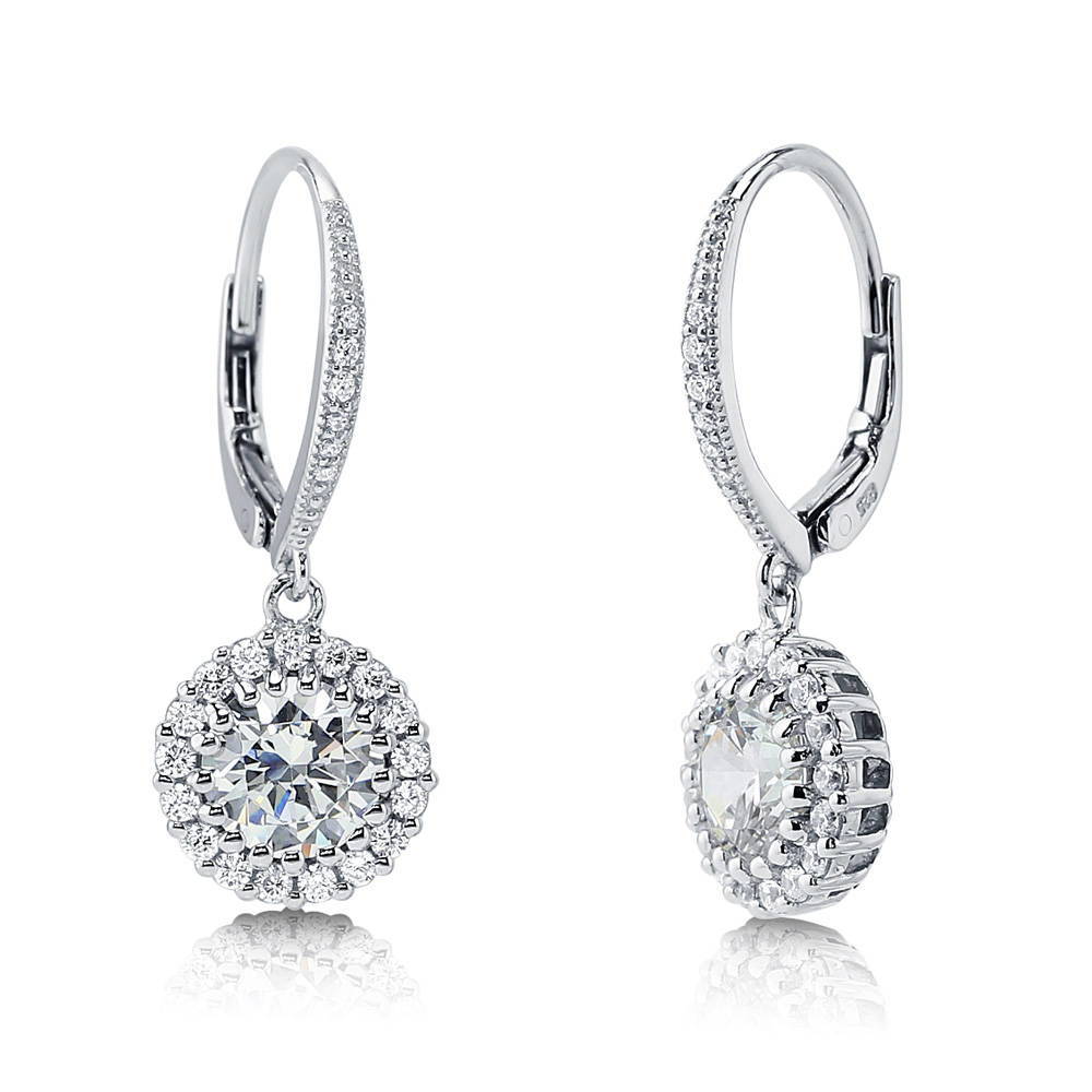 Halo Round CZ Leverback Dangle Earrings in Sterling Silver