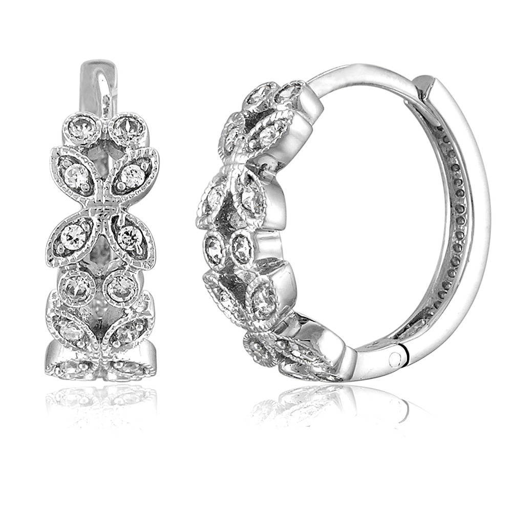 Leaf Milgrain CZ Small Hoop Earrings in Sterling Silver 0.5"