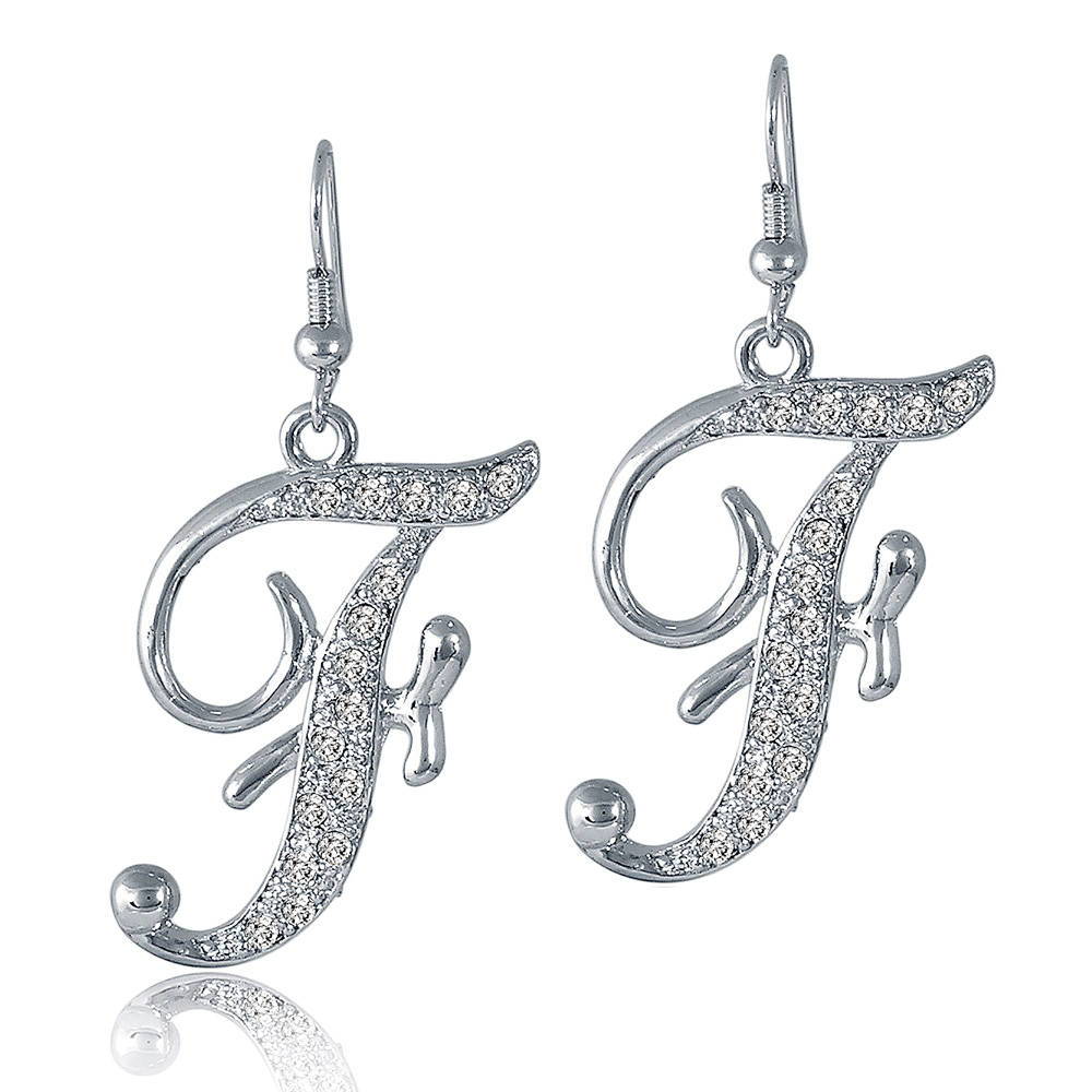 Initial Letter Fish Hook Dangle Earrings in Silver-Tone