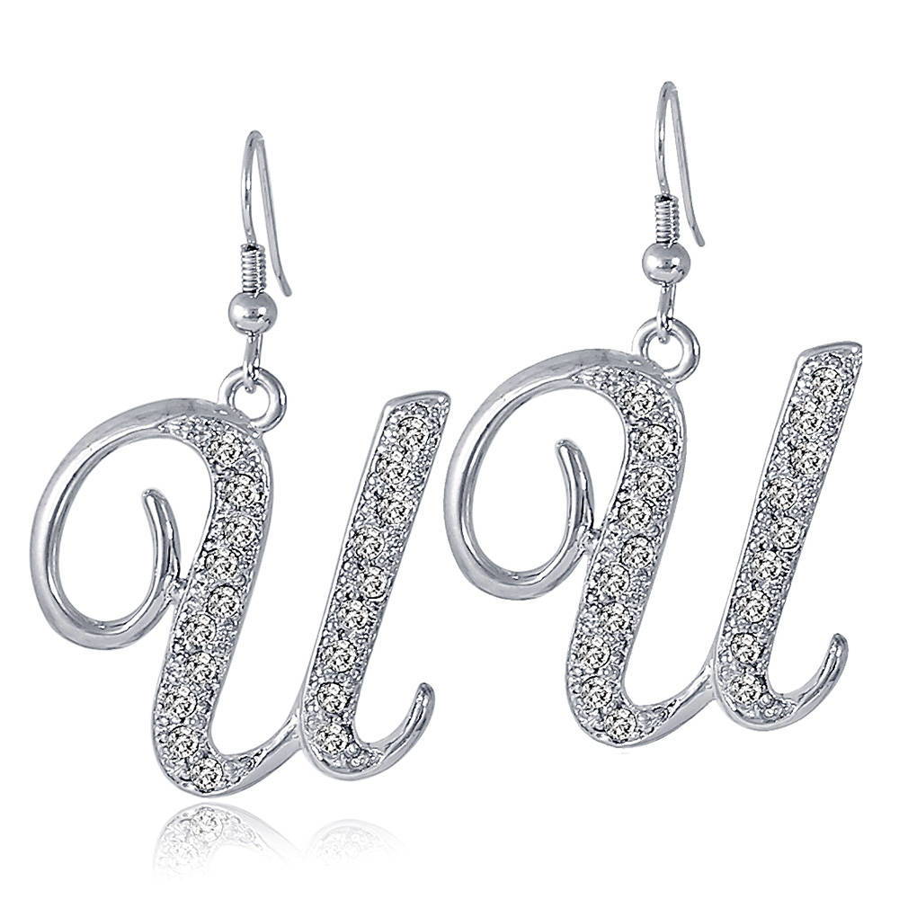 Initial Letter Fish Hook Dangle Earrings in Silver-Tone