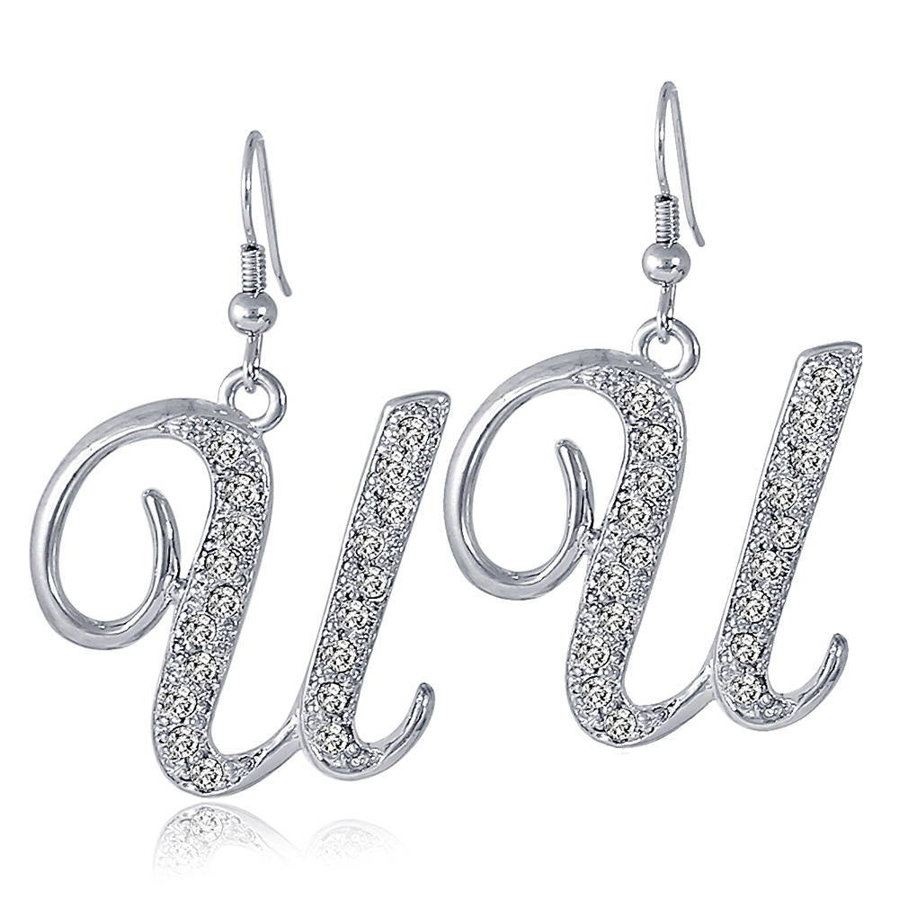 Initial Letter Fish Hook Dangle Earrings, U