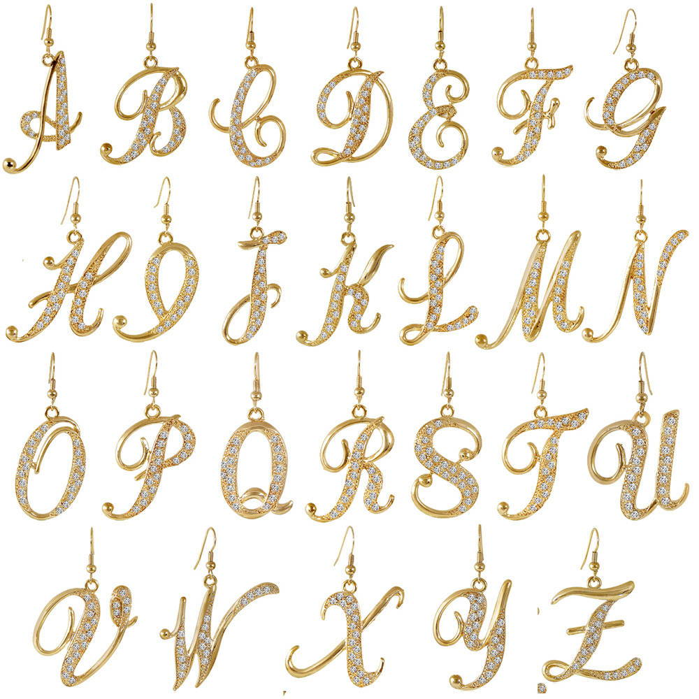 Initial Letter Fish Hook Dangle Earrings in Gold-Tone