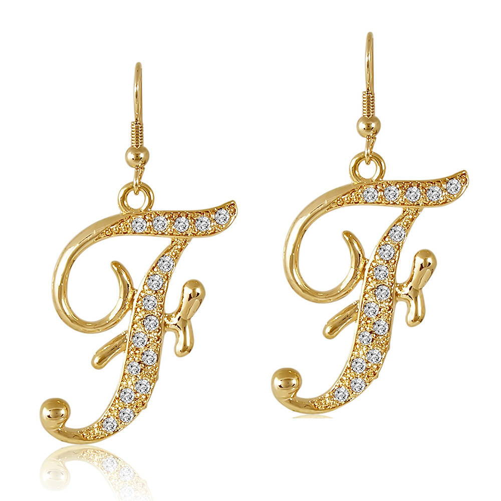 Initial Letter Fish Hook Earrings Gold-Tone, F
