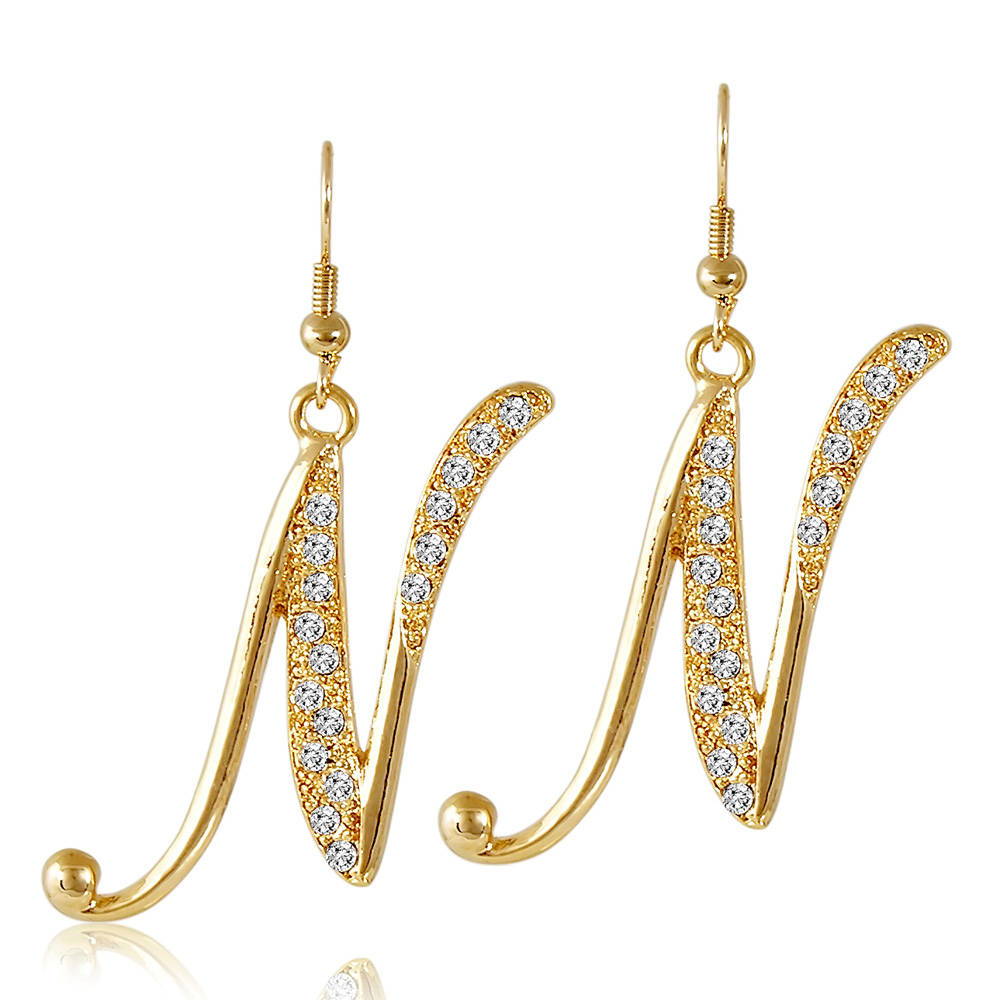 Initial Letter Fish Hook Dangle Earrings in Gold-Tone