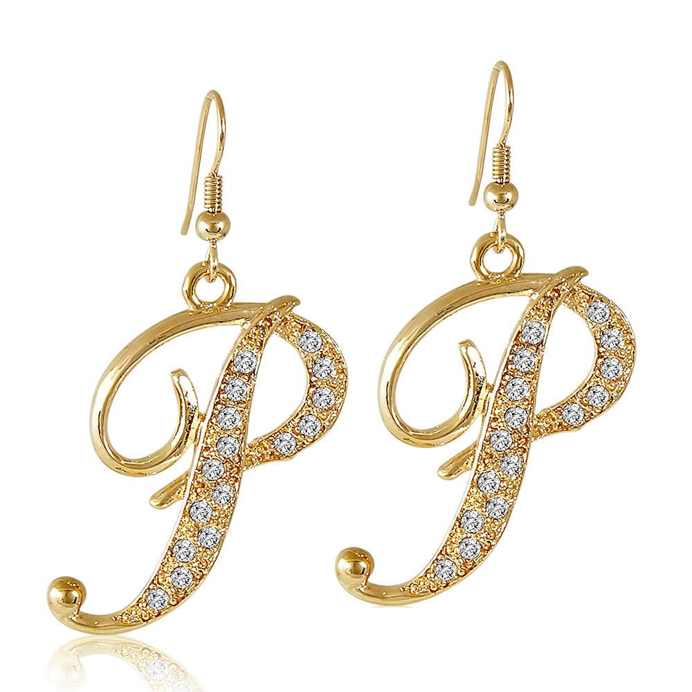 Initial Letter Fish Hook Dangle Earrings in Gold-Tone