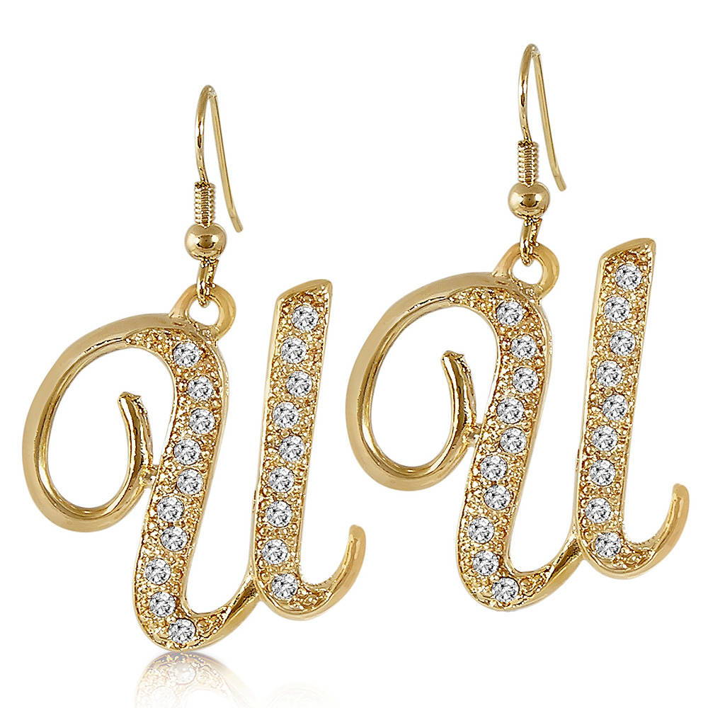 Initial Letter Fish Hook Dangle Earrings in Gold-Tone