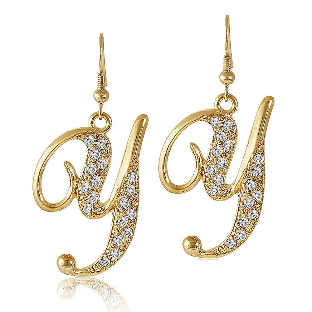 Initial Letter Fish Hook Dangle Earrings in Gold-Tone