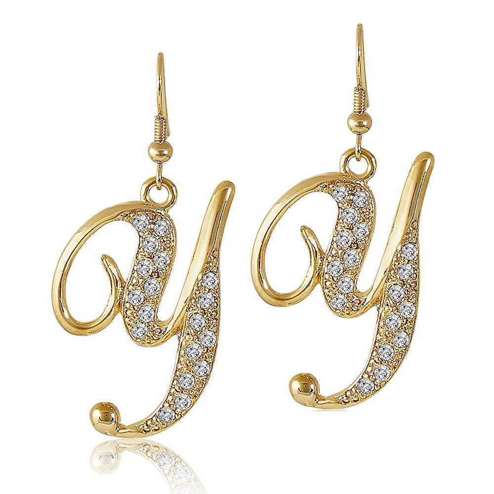 Initial Letter Fish Hook Earrings Gold-Tone, Y