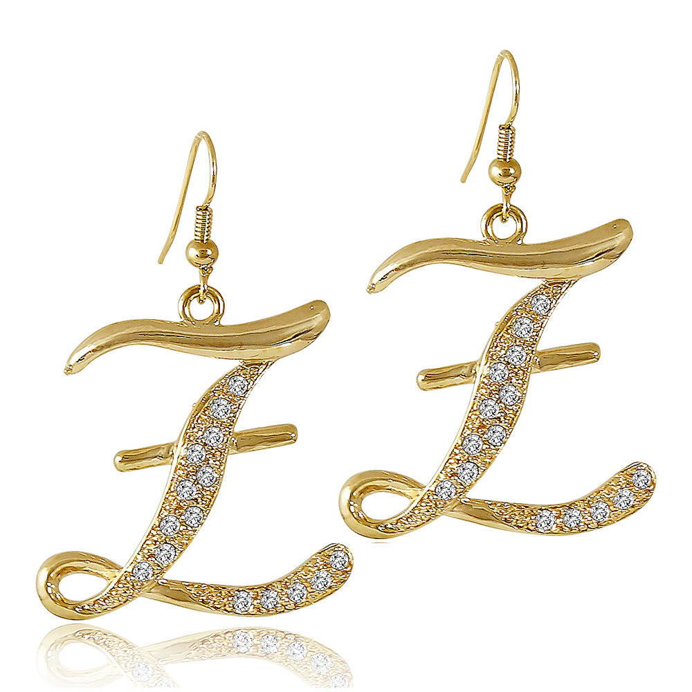 Initial Letter Fish Hook Dangle Earrings in Gold-Tone