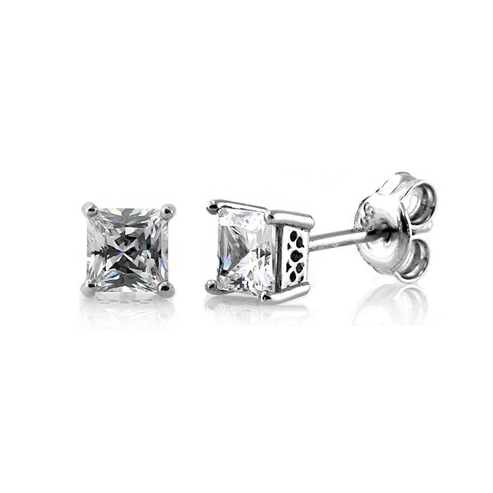 Solitaire Princess CZ Stud Earrings in Sterling Silver