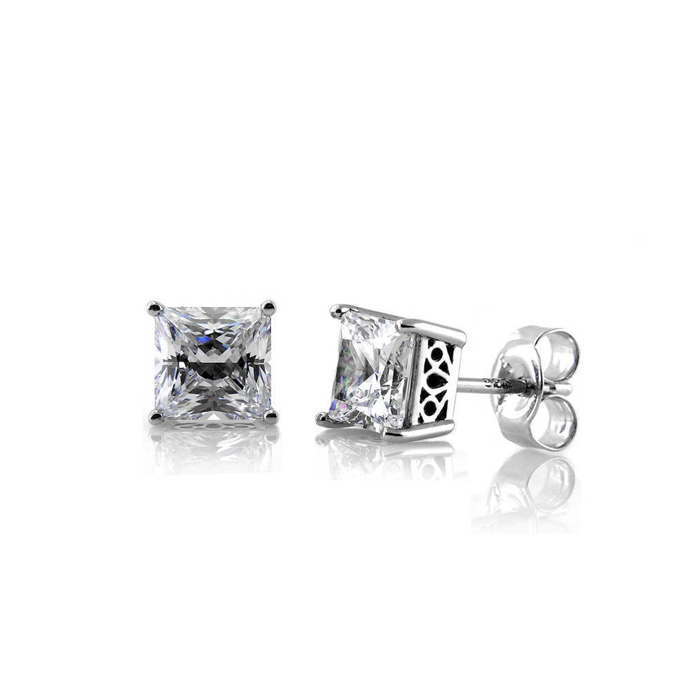 Solitaire Princess CZ Stud Earrings in Sterling Silver