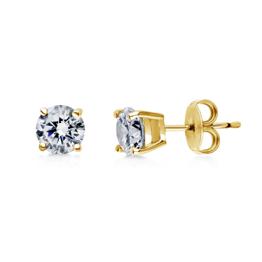 Solitaire Round CZ Stud Earrings in Gold Flashed Sterling Silver