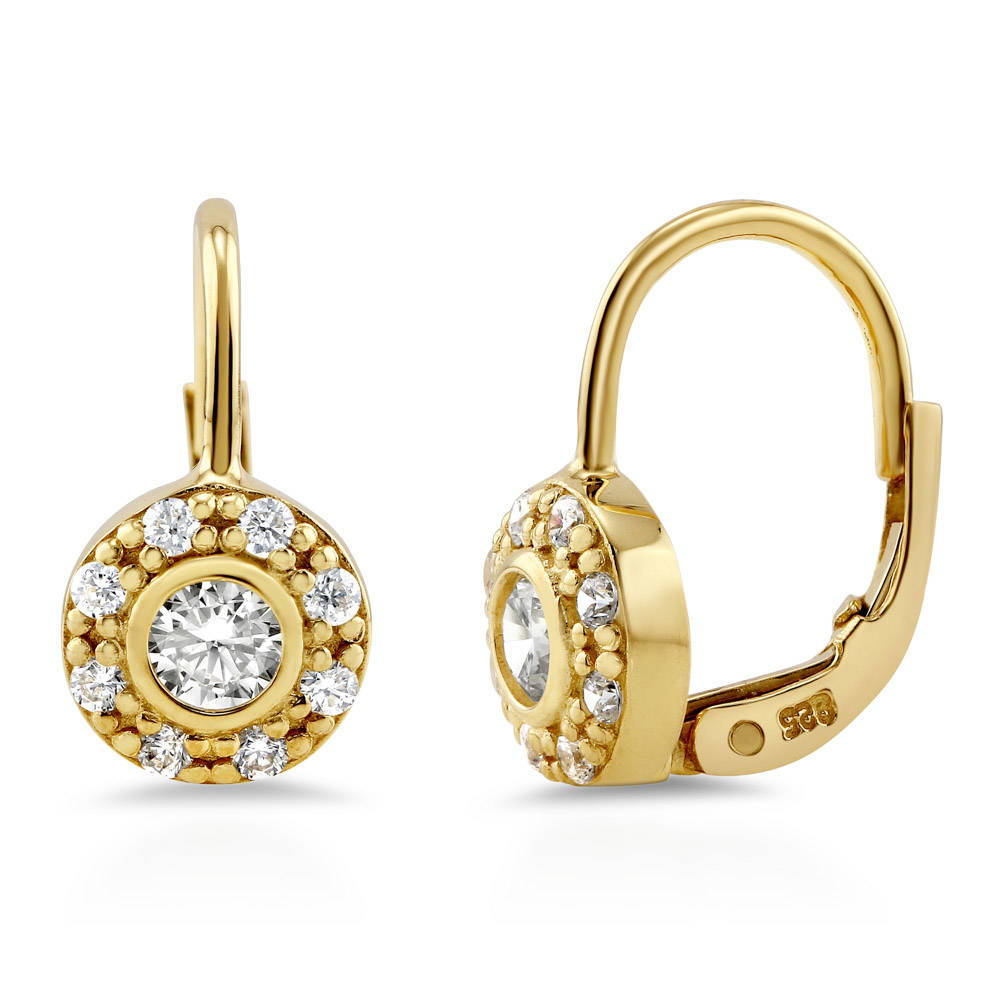 Halo CZ Leverback Earrings in Sterling Silver, Yellow Gold Flashed