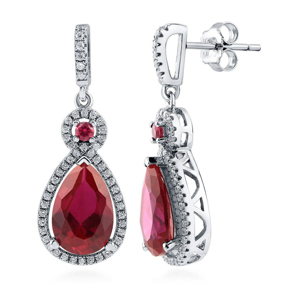 Halo Simulated Ruby Pear CZ Dangle Earrings in Sterling Silver, 1 of 3