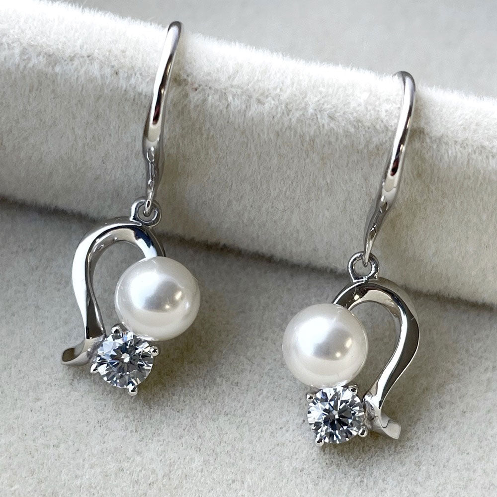 Ball Bead Imitation Pearl Fish Hook Dangle Earrings in Sterling Silver