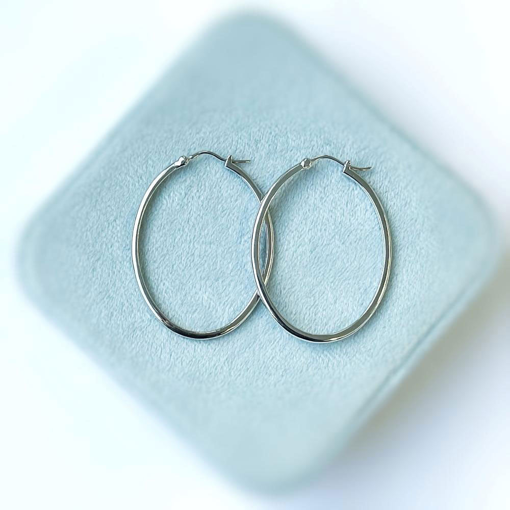 Oval Dome Large Hoop Earrings in Sterling Silver 1.65"