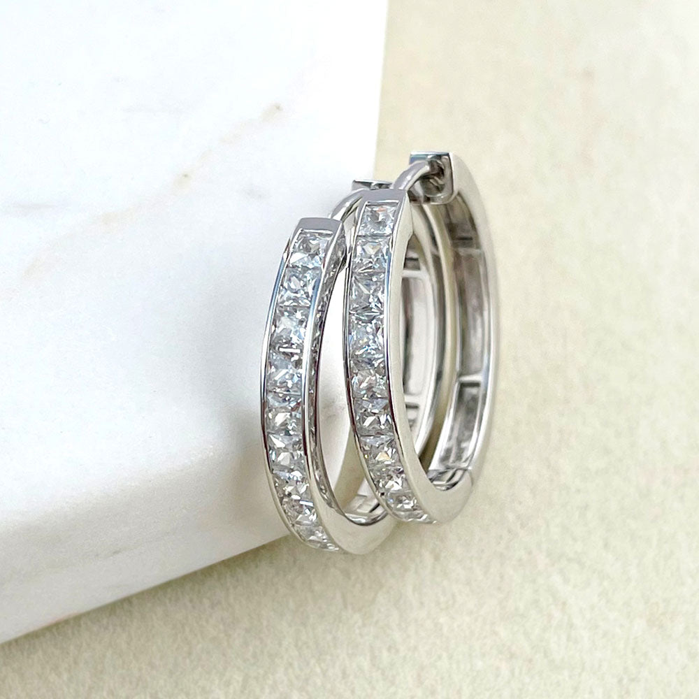 Bar CZ Hoop Earrings in Sterling Silver