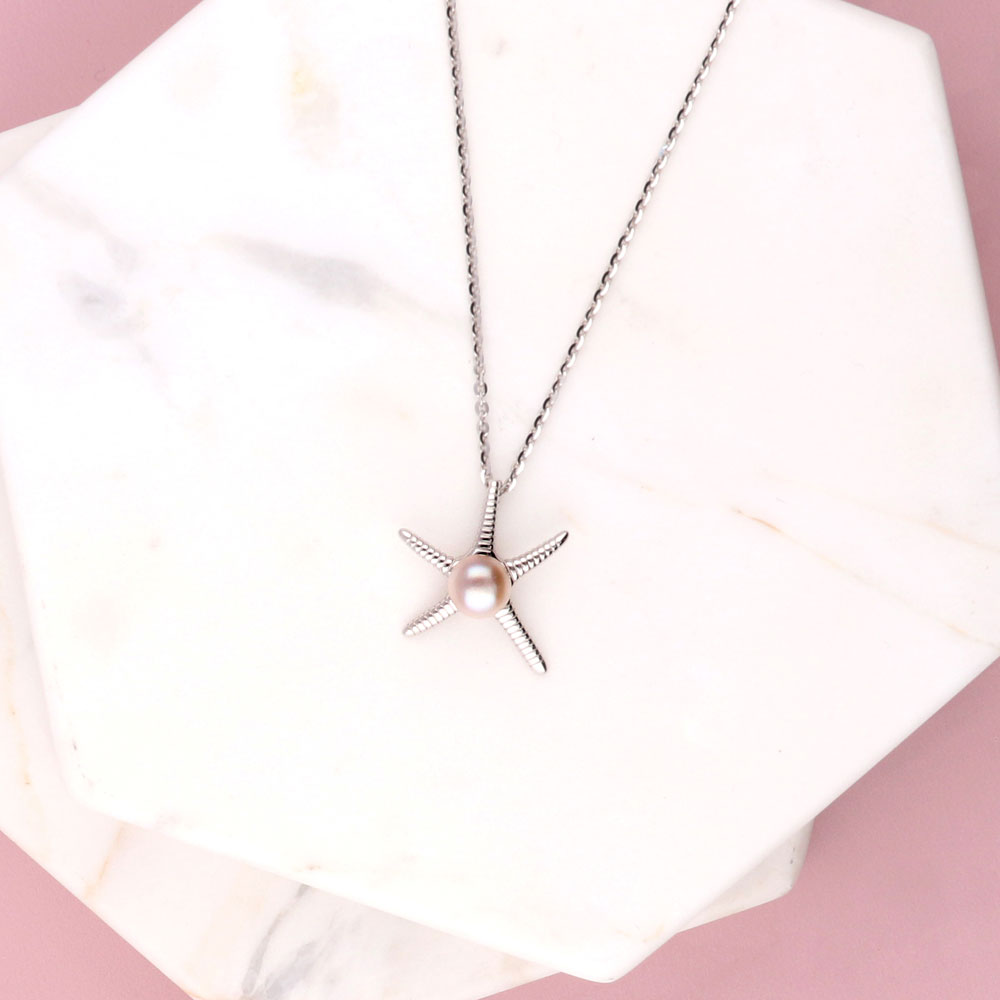 Starfish White Button Cultured Pearl Necklace in Sterling Silver