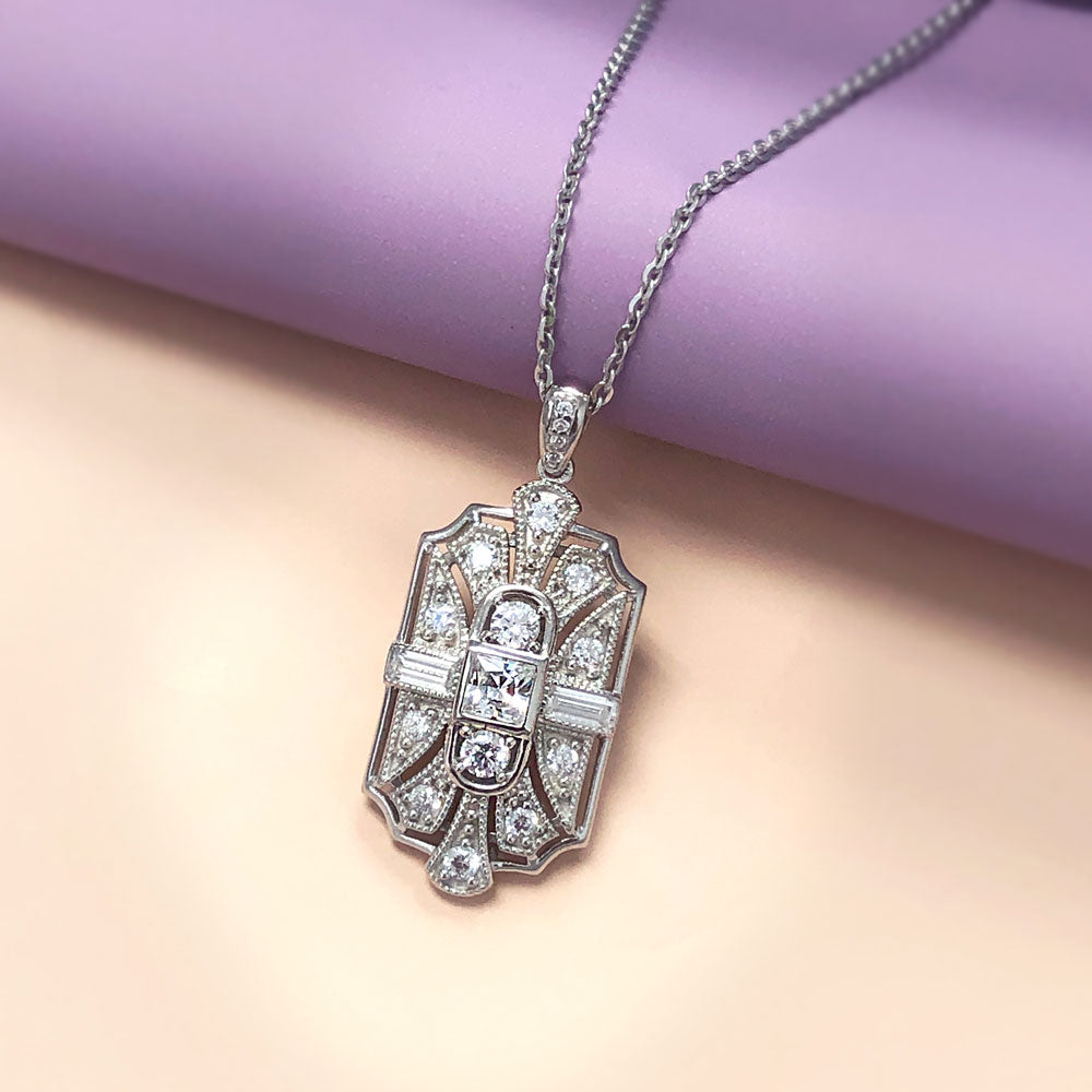 Flatlay view of Art Deco Milgrain CZ Necklace and Earrings Set in Sterling Silver, 8 of 12