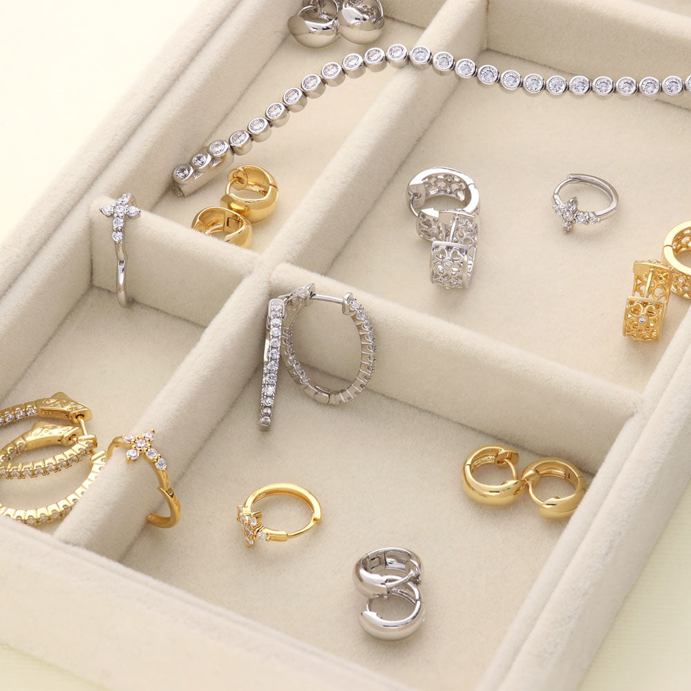 Flatlay view of Oval CZ Small Inside-Out Hoop Earrings in Sterling Silver 0.8 inch, Yellow Gold Flashed