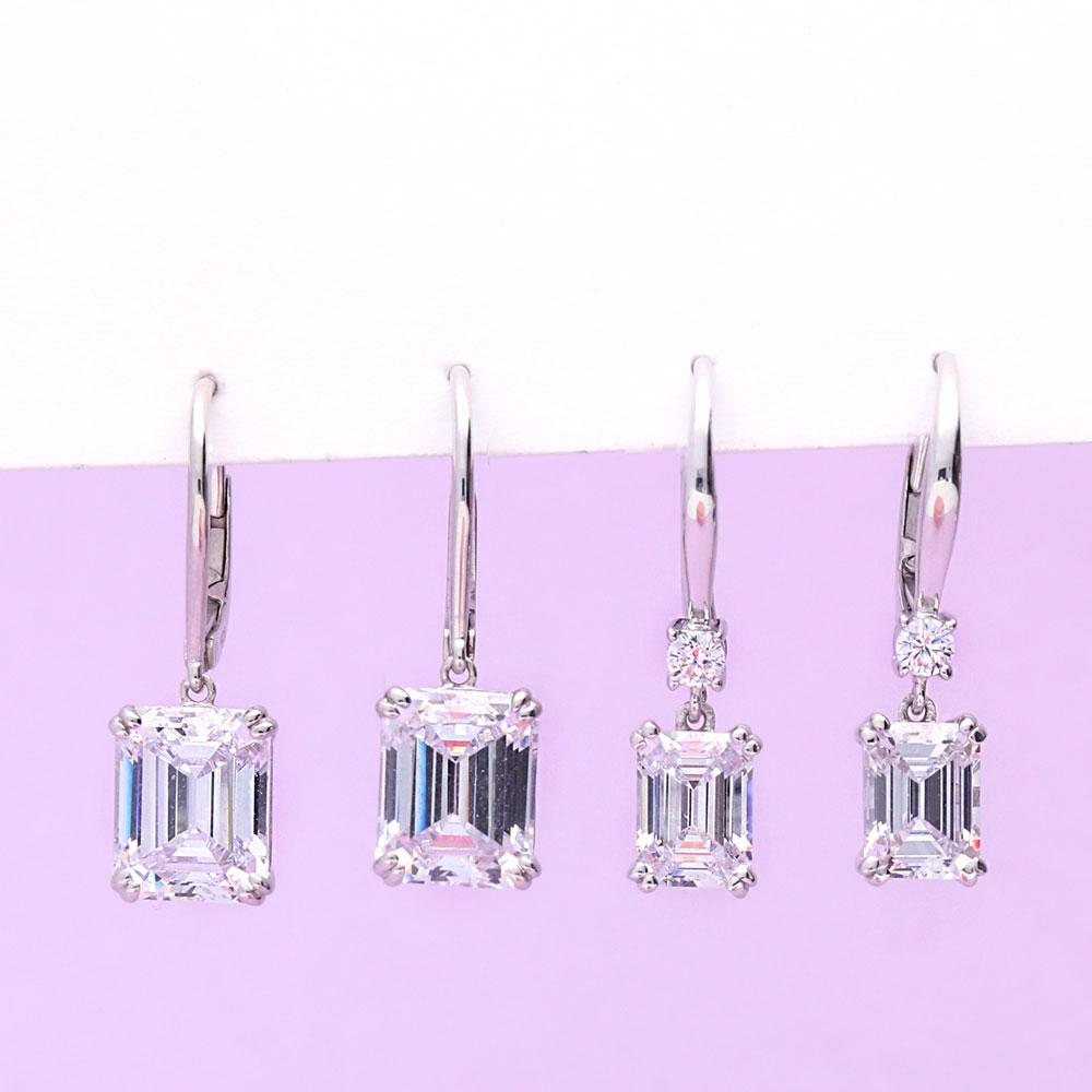 Solitaire 7.6ct Emerald Cut CZ Leverback Earrings in Sterling Silver