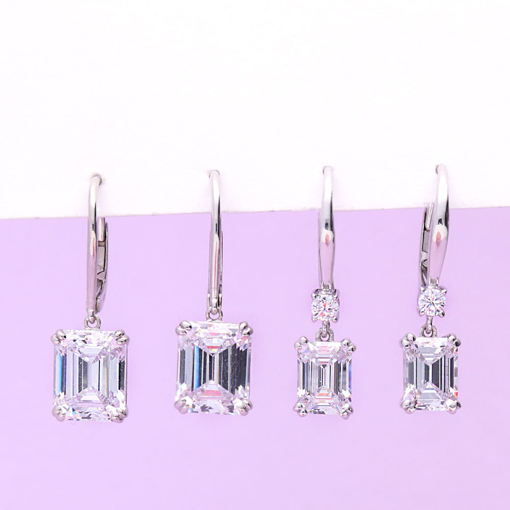 Solitaire 7.6ct Emerald Cut CZ Leverback Earrings in Sterling Silver