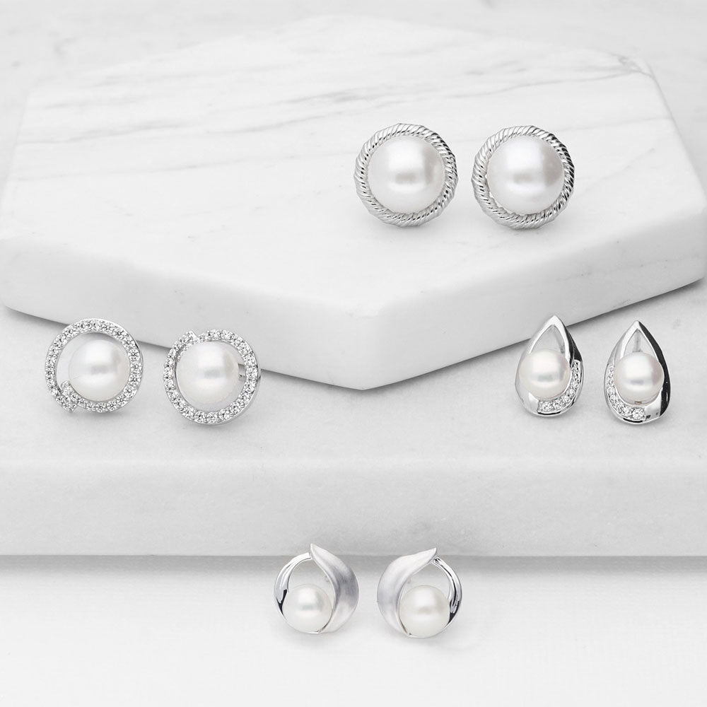 Solitaire White Button Cultured Pearl Stud Earrings in Sterling Silver