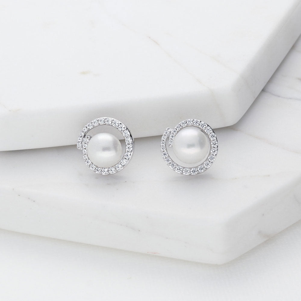 Solitaire White Button Cultured Pearl Stud Earrings in Sterling Silver