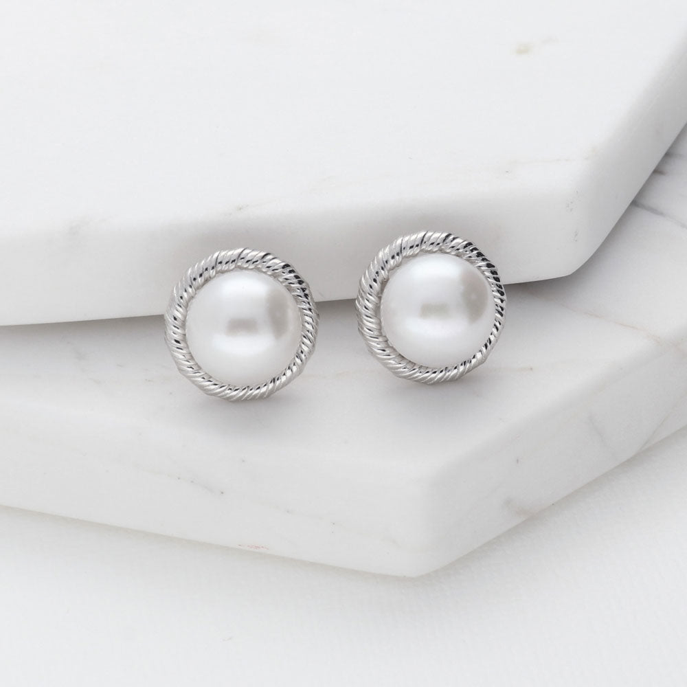 Solitaire White Button Cultured Pearl Stud Earrings in Sterling Silver