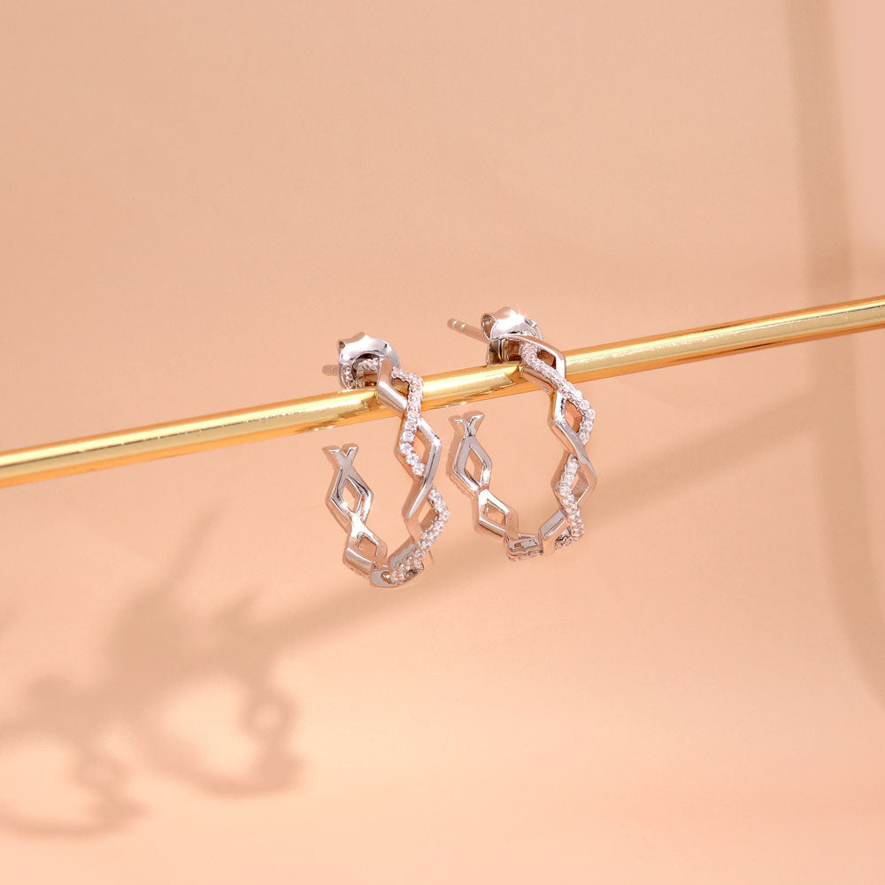 Woven CZ Medium Half Hoop Earrings in Sterling Silver 0.8"