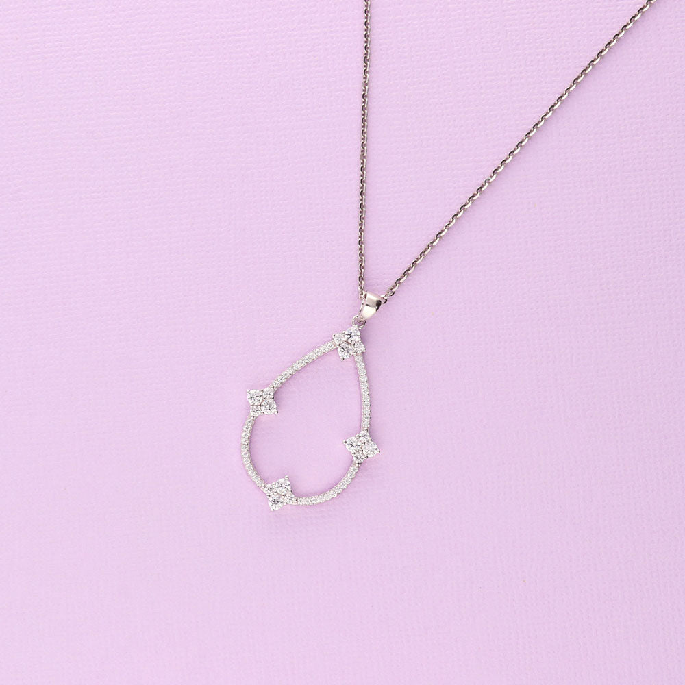 Flower Teardrop CZ Pendant Necklace in Sterling Silver