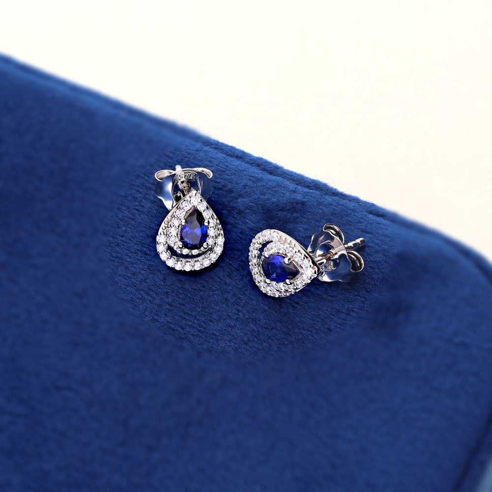 Flatlay view of Teardrop Simulated Blue Sapphire CZ Set in Sterling Silver, 11 of 12