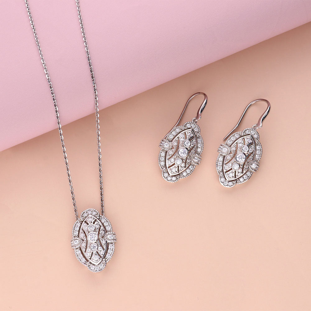 Flatlay view of Art Deco Milgrain CZ Necklace and Earrings Set in Sterling Silver, 2 of 8