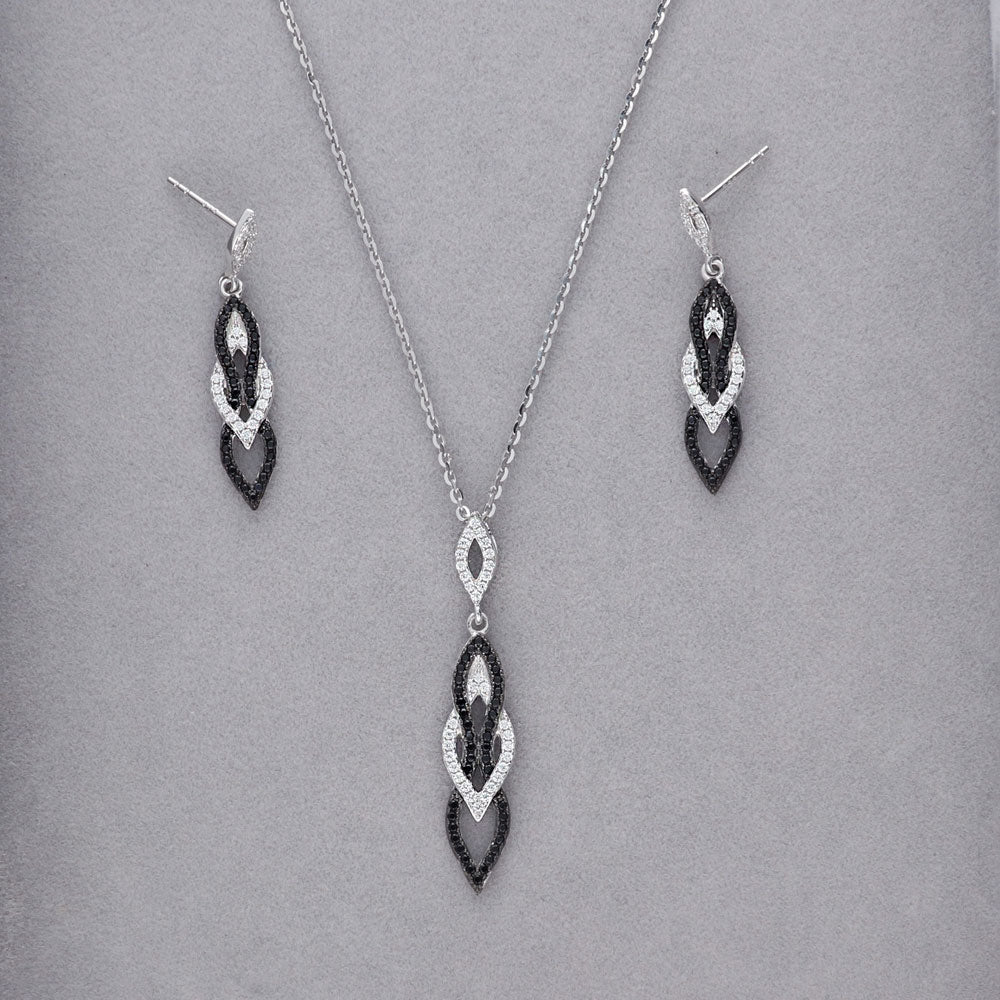 Flatlay view of Black and White CZ Necklace and Earrings Set in Sterling Silver, 5 of 12
