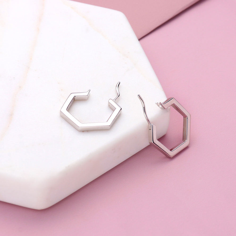 Hexagon Medium Hoop Earrings in Sterling Silver 0.79"