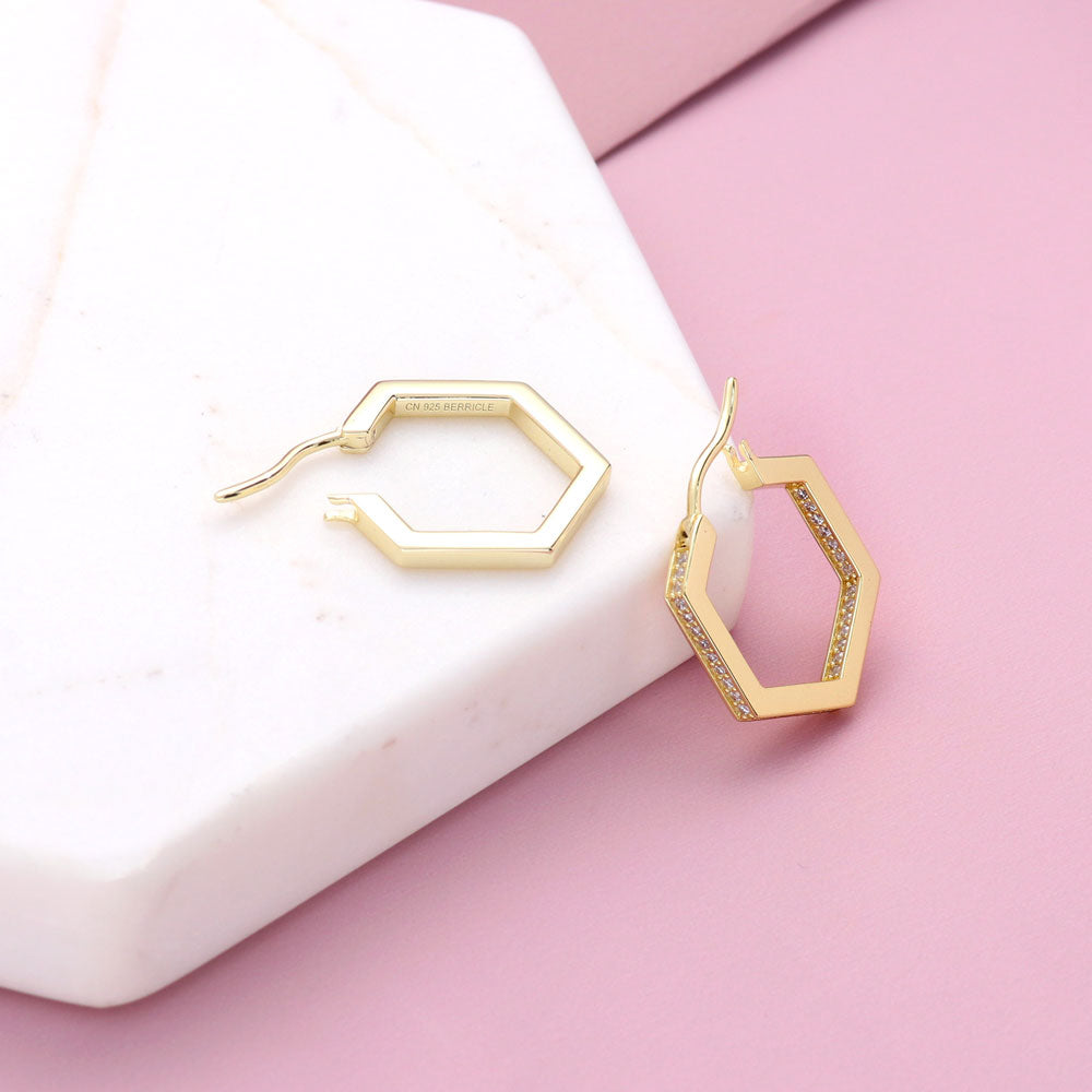 Flatlay view of Hexagon CZ Small Inside-Out Hoop Earrings in Sterling Silver 0.8 inch, Yellow Gold Flashed