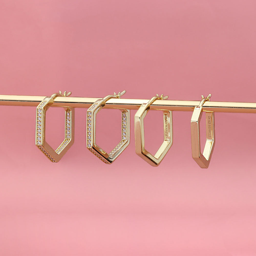 Flatlay view of Hexagon CZ Small Inside-Out Hoop Earrings in Sterling Silver 0.8 inch, Yellow Gold Flashed