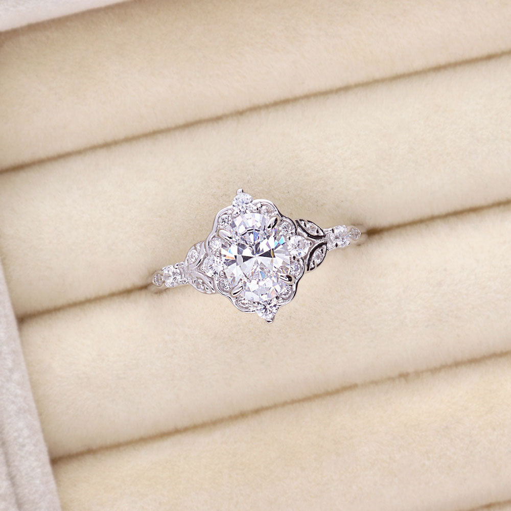 Halo Art Deco Oval CZ Ring in Sterling Silver