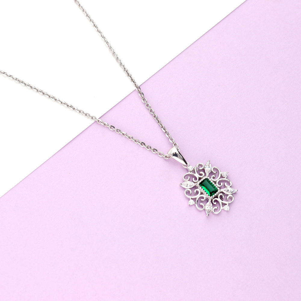 Art Deco Filigree CZ Pendant Necklace in Sterling Silver