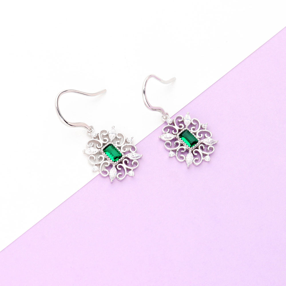 Art Deco Filigree Green CZ Fish Hook Dangle Earrings in Sterling Silver