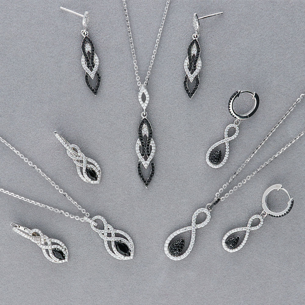 Flatlay view of Black and White CZ Necklace and Earrings Set in Sterling Silver, 8 of 12