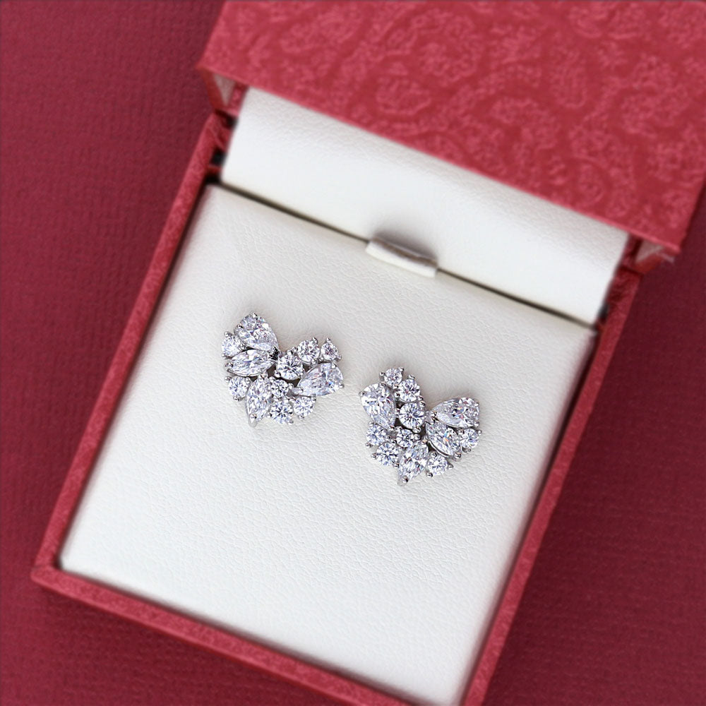 Cluster Heart CZ Stud Earrings in Sterling Silver